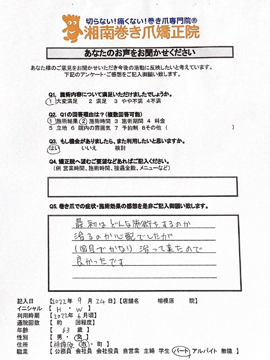 町田市　巻き爪　お客様の声